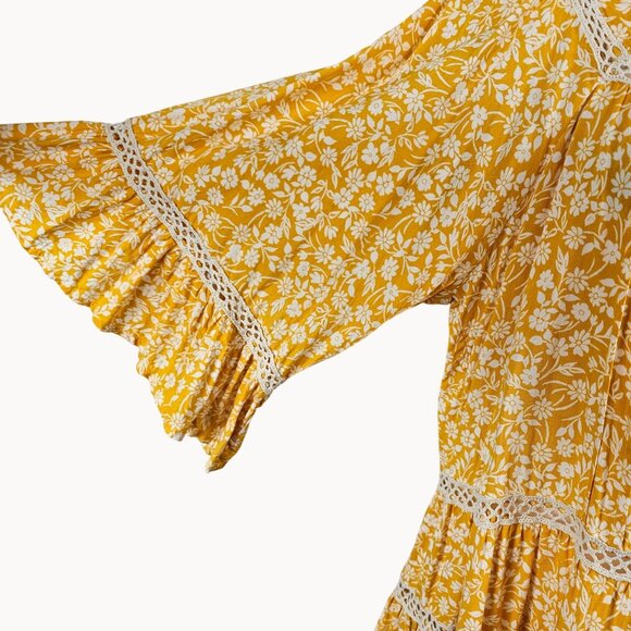 Womens Magnolia Lane L Tunic Yellow Floral Ruffled Boho Cottage Prairie Country - Picture 14 of 15